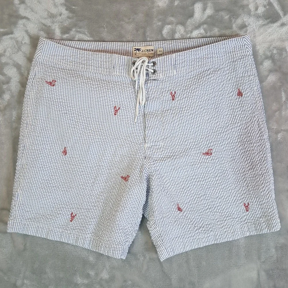 J Crew Men Swim Trunks 33 Seersucker Blue White Stripe Embroidered Lobster G1734